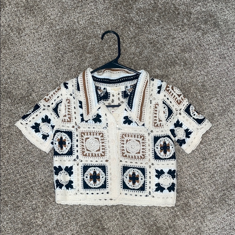 Kids Crochet Patterned Shirt - White, Black, Brown